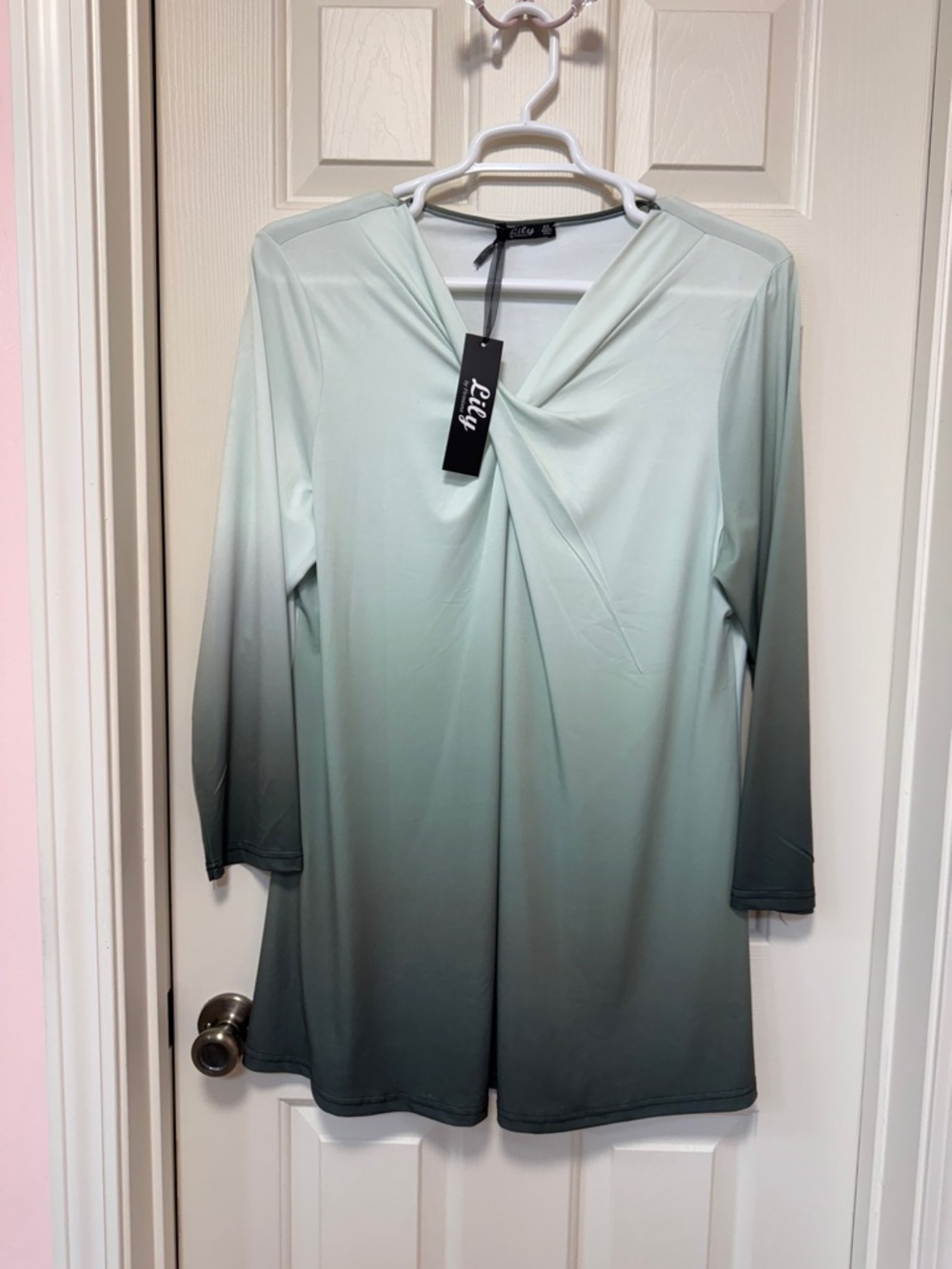 Lily Mint to Charcoal Ombre Twist V-Neck Tunic